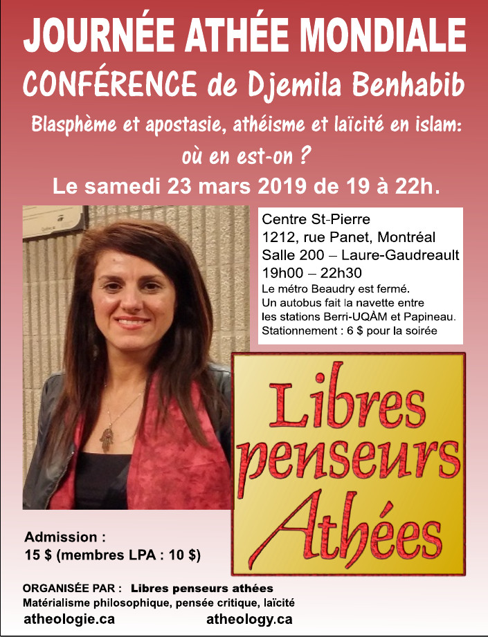 Journée athée mondiale, 23 mars 2019, avec Djemila Benhabib